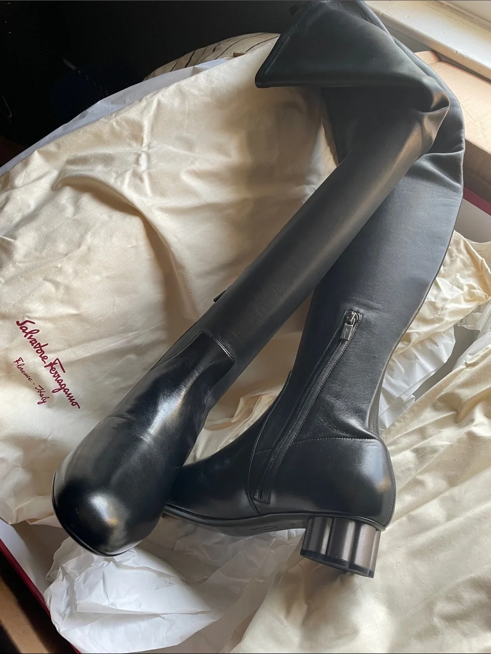 Salvatore Ferragamo Black Leather Over-the-Knee Boots with Cylindrical Heel